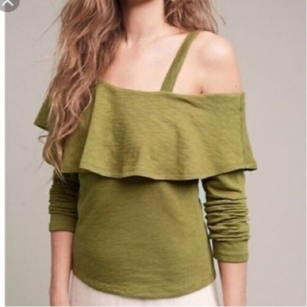 Anthropologie Postmark Olive Green One Shoulder Ruffle Long Sleeve Top Shirt Sm